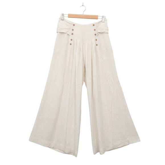 ILLA ILLA Wide Leg Back Bow Pants Womens Small Beige Front Button Pleated Boho - Picture 3 of 12